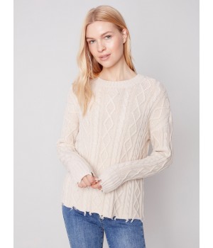 Cotton Blend Cable Knit Sweater - Ecru