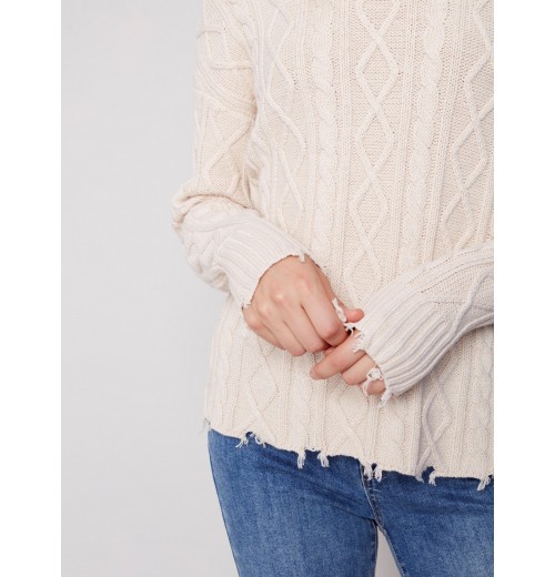 Cotton Blend Cable Knit Sweater - Ecru