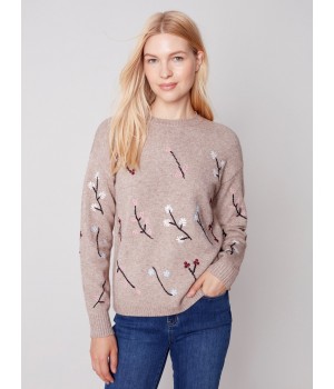 Embroidered Round Neck Sweater - Almond