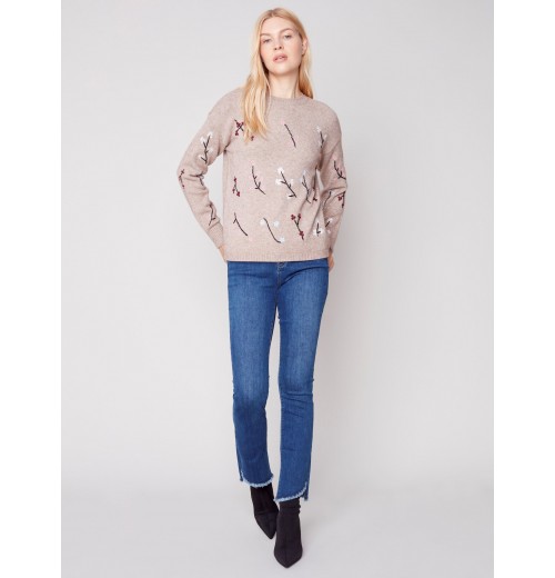 Embroidered Round Neck Sweater - Almond