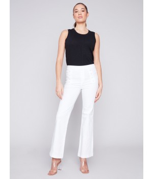 Flare Twill Pants with Decorative Buttons - White