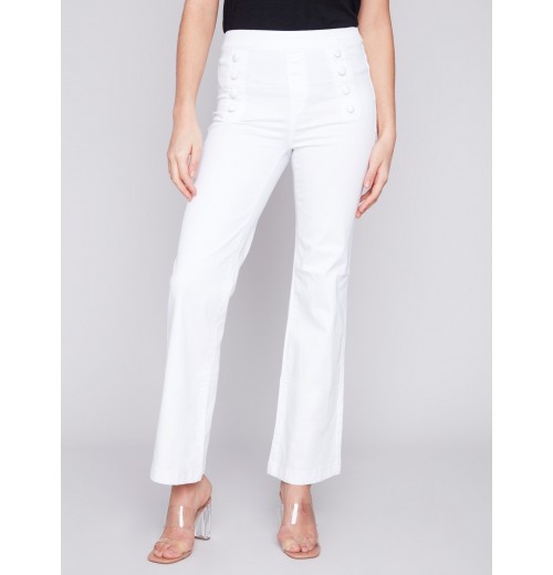 Flare Twill Pants with Decorative Buttons - White