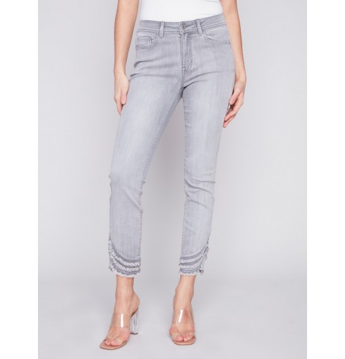 Frayed Hem Denim Pants - Light Grey