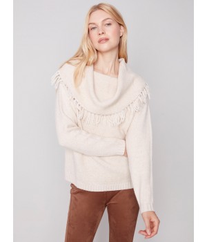 Fringed Cowl Neck Sweater - Ecru