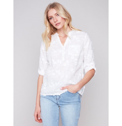 Half-Button Embroidered Cotton Blouse - White