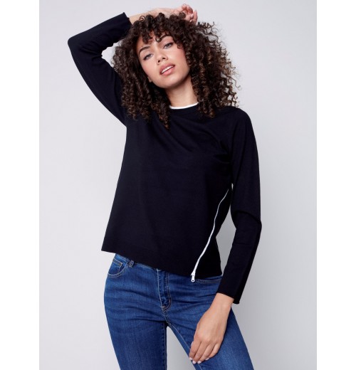 Knit Sweater with Diagonal Zipper Detail - Black