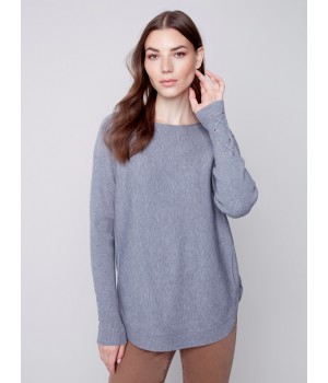 Knit Sweater with Lace-up Cuffs - Gray