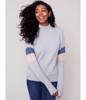 Mock Neck Sweater with Smiley Stitching - Gray