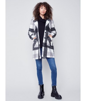 Plaid Bouclé Knit Coat - Black & Cream