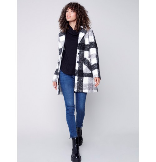 Plaid Bouclé Knit Coat - Black & Cream