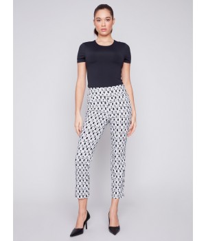 Printed Capri Pants with Hem Slit - Checker