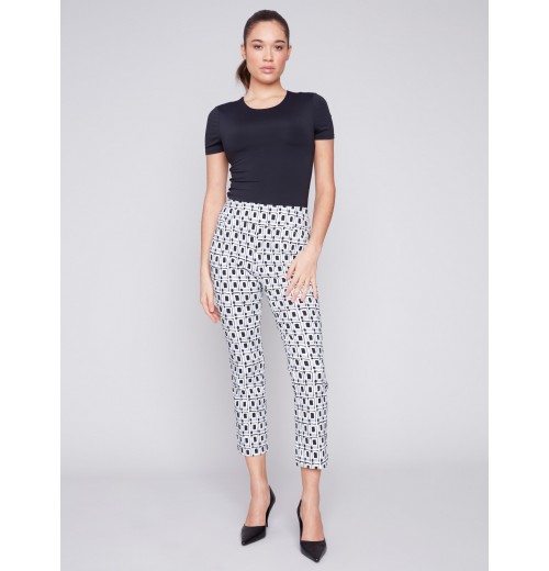 Printed Capri Pants with Hem Slit - Checker