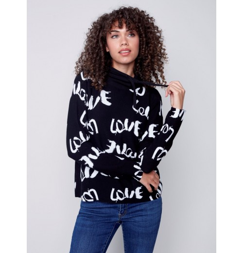 Printed Ottoman Cotton Funnel Neck Sweater - Black & White