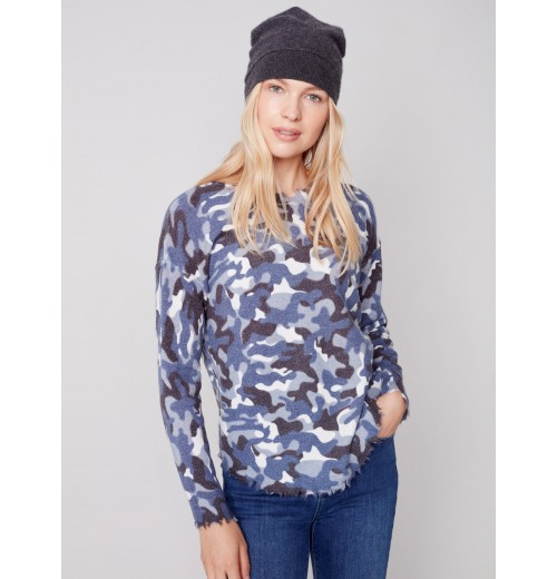 Reversible Printed Sweater with Frayed Edge - Denim