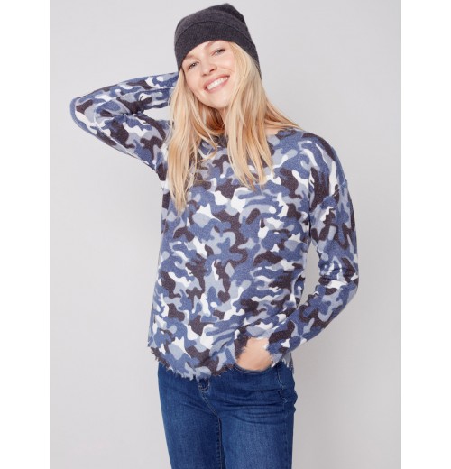 Reversible Printed Sweater with Frayed Edge - Denim