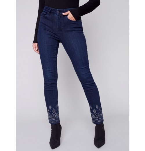 Slim Leg Jeans with Geometric Embroidery - Blue Black