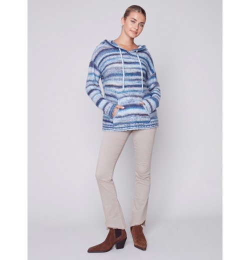 Striped Hooded Sweater with Kangaroo Pocket - Denim