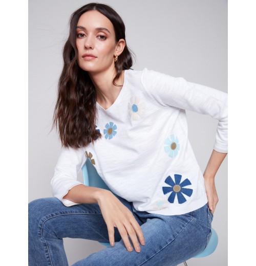 Sweater with Flower Patches - White