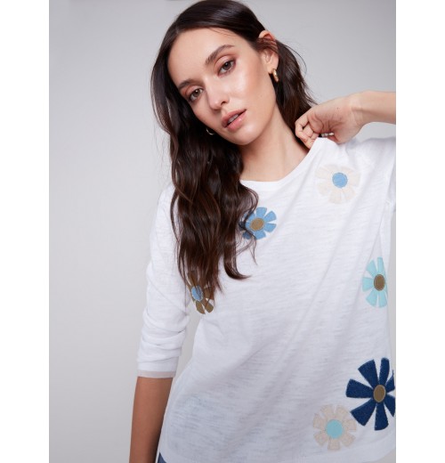 Sweater with Flower Patches - White