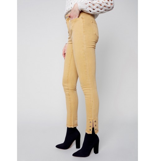 Twill Jeans with Eyelet Hem Detail - Gold