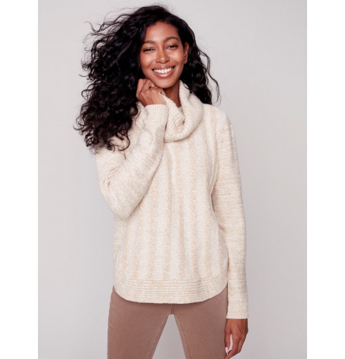 Two-Toned Cable Knit Cowl Neck Sweater - Almond