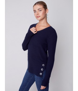 V-Neck Sweater with Grommet Detail - Navy