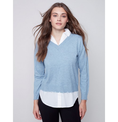 V-Neck Sweater with Shirt Collar - Snowflake