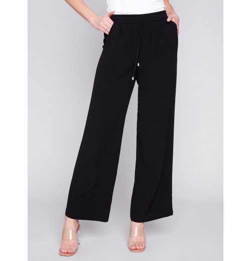 Wide Leg Pants with Drawstring - Black