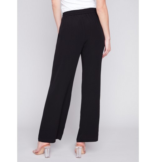 Wide Leg Pants with Drawstring - Black